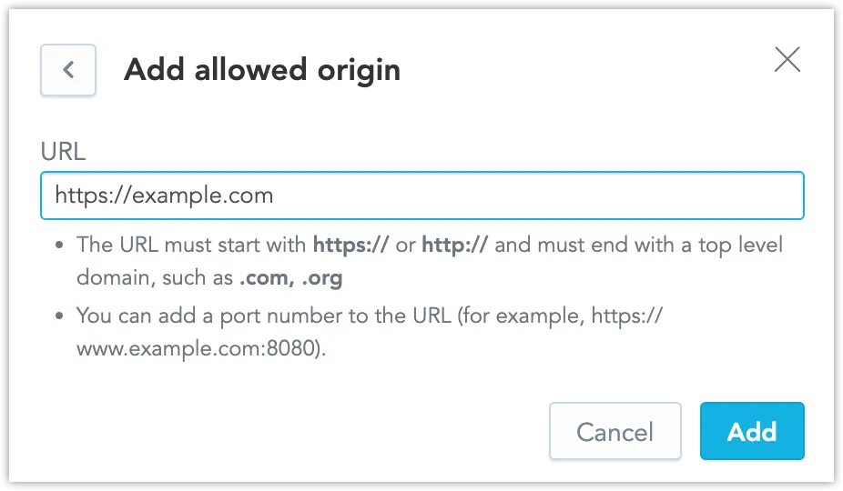 The Add allowed origin dialog with a URL field for adding a new domain to the CORS configuration. The Add button is located in the bottom right corner.