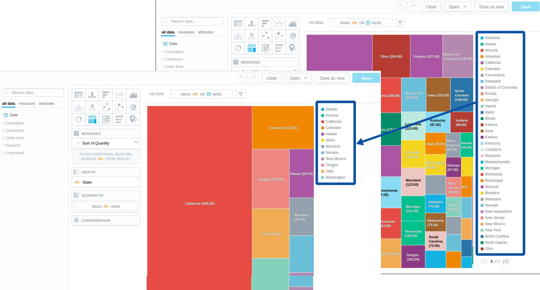 Side-by-side visualization of state-by-state quantity data shown as treemaps. The parent workspace view includes all states, while the child workspace view is filtered to show only a small subset of states.