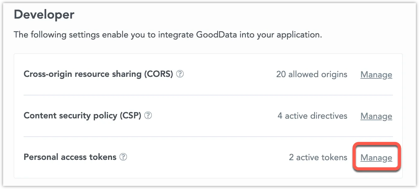 Personal access tokens configuration in Developer Settings. The Manage button is highlighted on the right.