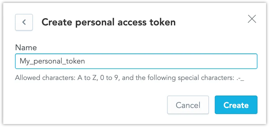 The Create personal access token dialog with a token name input field displayed in the center. The Create button is in the bottom right corner.