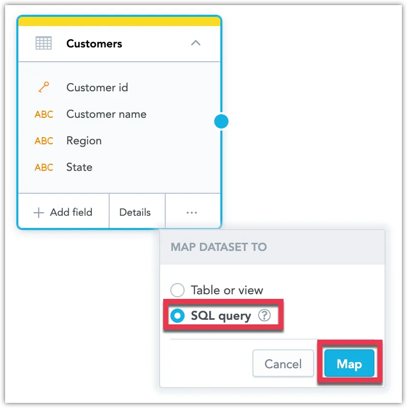 The Map dataset to dialog with the SQL query radio button selected. The Map button is highlighted in the lower right corner.