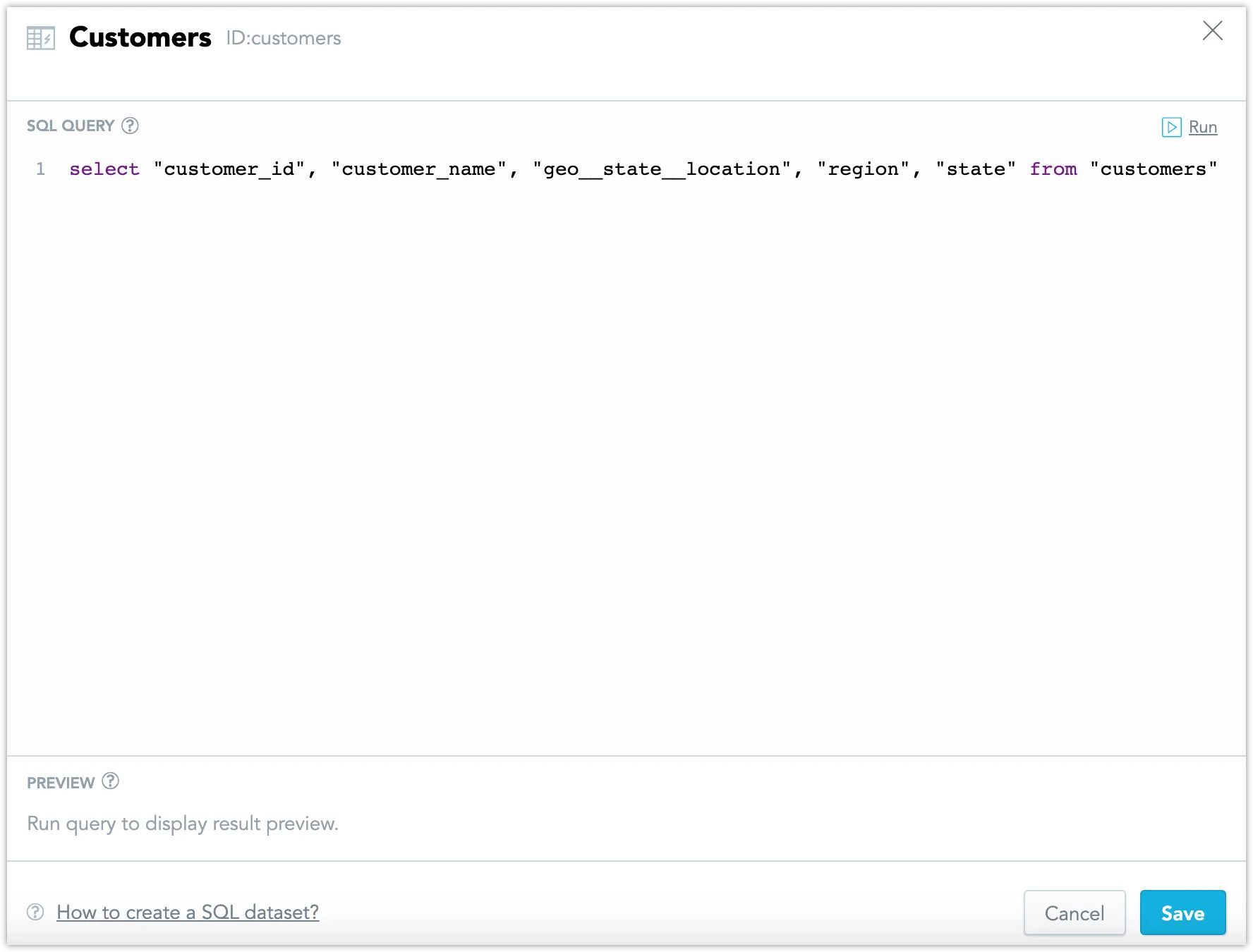 SQL Dataset configuration dialog titled Customers showing a pre-generated SQL query.