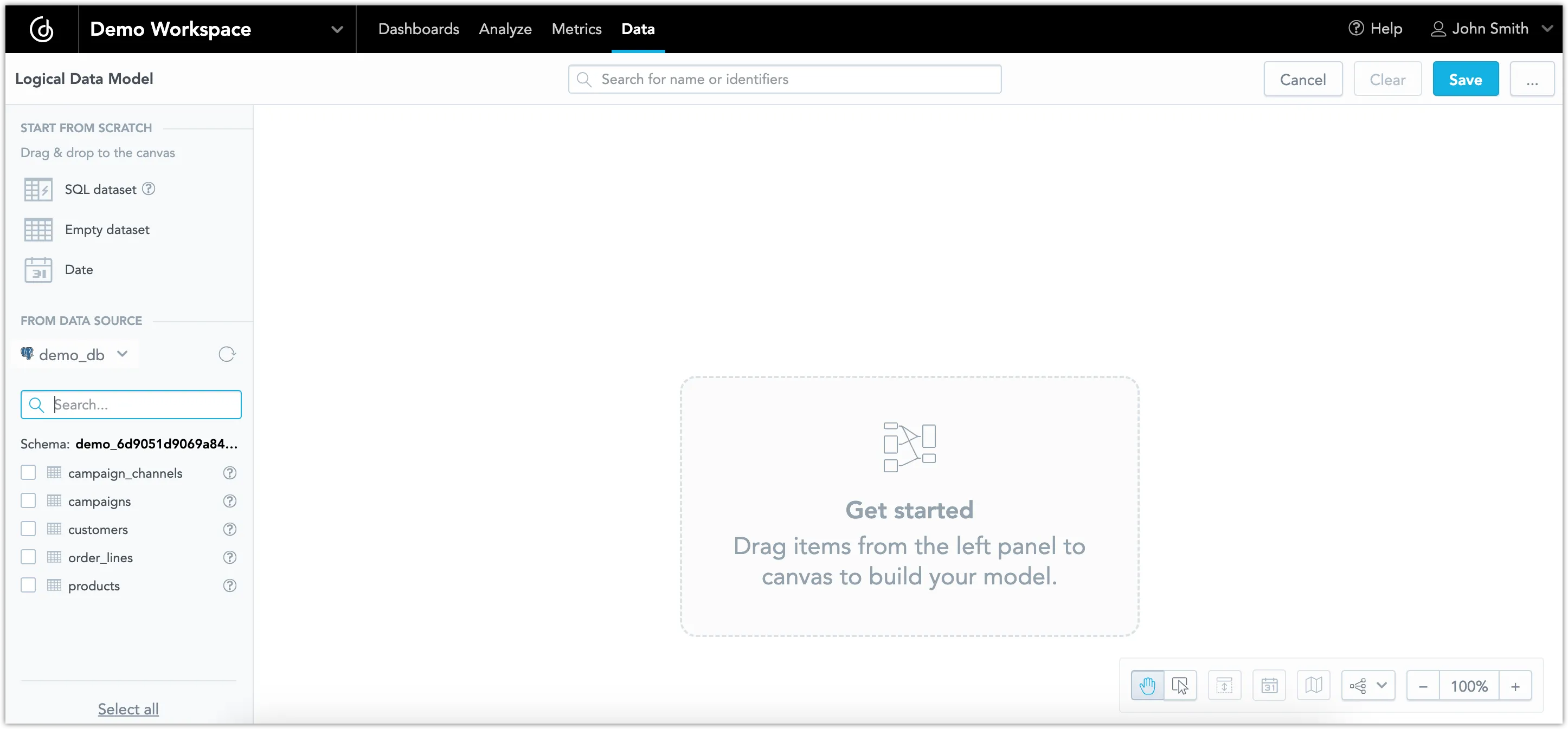 Empty Logical Data Model canvas displaying schema items on the left and a central prompt suggesting the user drag items to build their model.