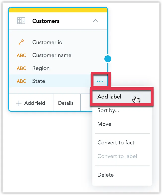 A dataset in the Logical Data Model displays its data objects in a list. The ellipsis button next to each object's name opens a context menu. In this instance, the context menu for the State attribute is open, with the Add label option highlighted.