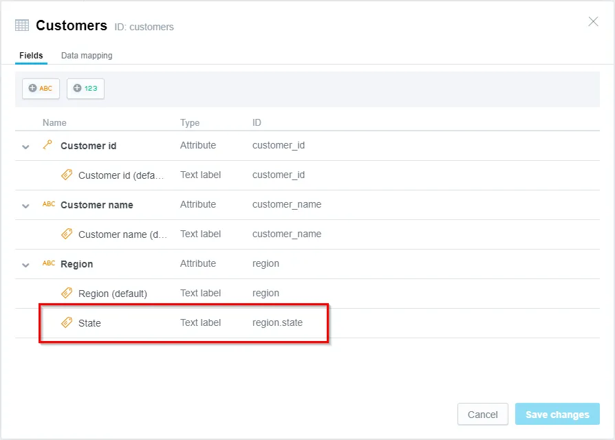 The Fields tab of the dataset details dialog displays a list of data objects, each showing its associated labels. The Region attribute is expanded to reveal two text labels: Region, which is marked as the default label, and the newly converted State, which serves as an alternative.
