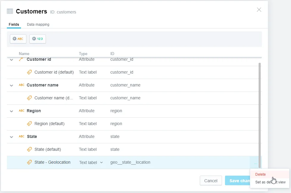 The Fields tab of the dataset details dialog displays a list of data objects, each showing its associated labels. Clicking the ellipsis button to the right of a label opens a context menu which includes the Delete button.