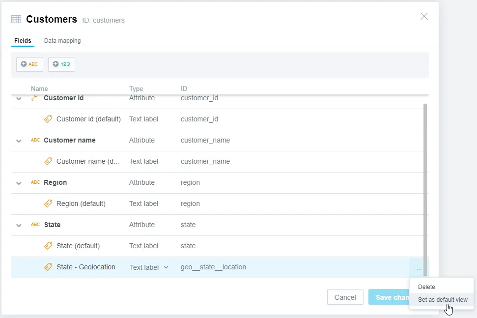 The Fields tab of the dataset details dialog displays a list of data objects, each showing its associated labels. Clicking the ellipsis button to the right of a label opens a context menu which includes the Set as default view button.