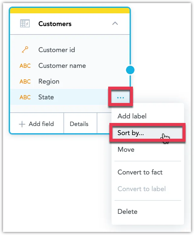 A dataset in the Logical Data Model displays its data objects in a list. The ellipsis button next to each object's name opens a context menu. In this instance, the context menu for the State attribute is open, with the Sort by option highlighted.