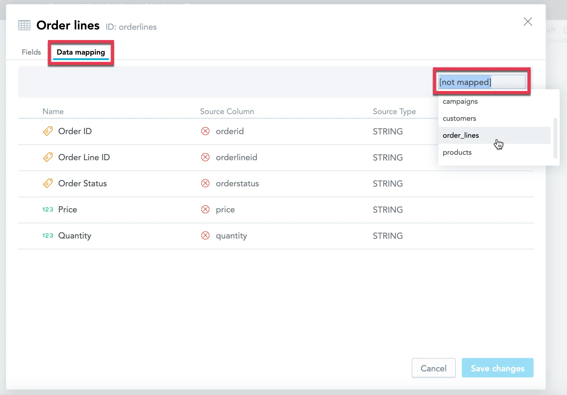 The Dataset details dialog with the Data mapping tab open. In the list of fields below, each field, including Order ID, Order Line ID, Order Status, Price, and Quantity, displays a red icon indicating it is not yet mapped. A dropdown labeled Not mapped is expanded on the right, showing a list of available source tables including campaigns, customers, order_lines, and products. The order_lines option is currently selected.