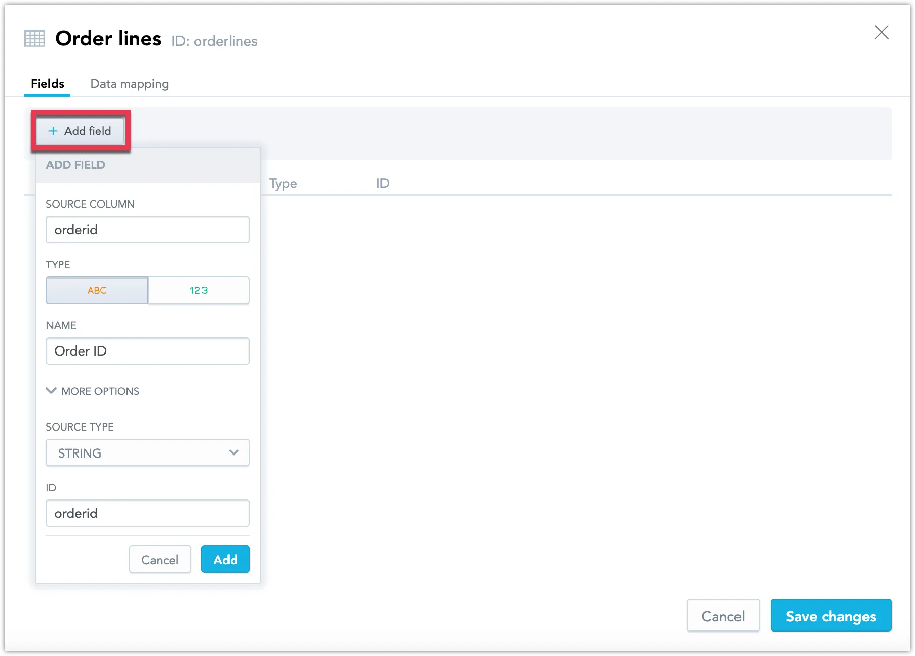 Dataset editing dialog with the Add field button highlighted at the top of the editor panel. Clicking it expands the Add field dropdown. In the dropdown, the Source Column is set to orderid, the Type toggled to attribute, the Name set to Order ID, and the Source Type as STRING. At the bottom, Add and Cancel buttons are displayed.