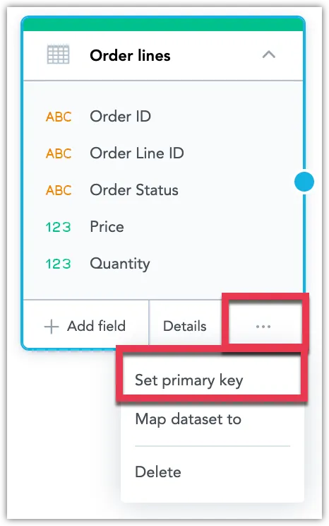 The Order lines dataset with the ellipsis button highlighted in the bottom-right corner. Clicking it opens a context menu. There, the Set primary key option is highlighted.