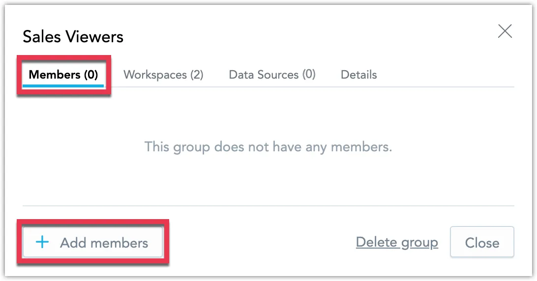Group settings dialog with the Members tab selected. The Add members button is highlighted in the bottom-left corner.