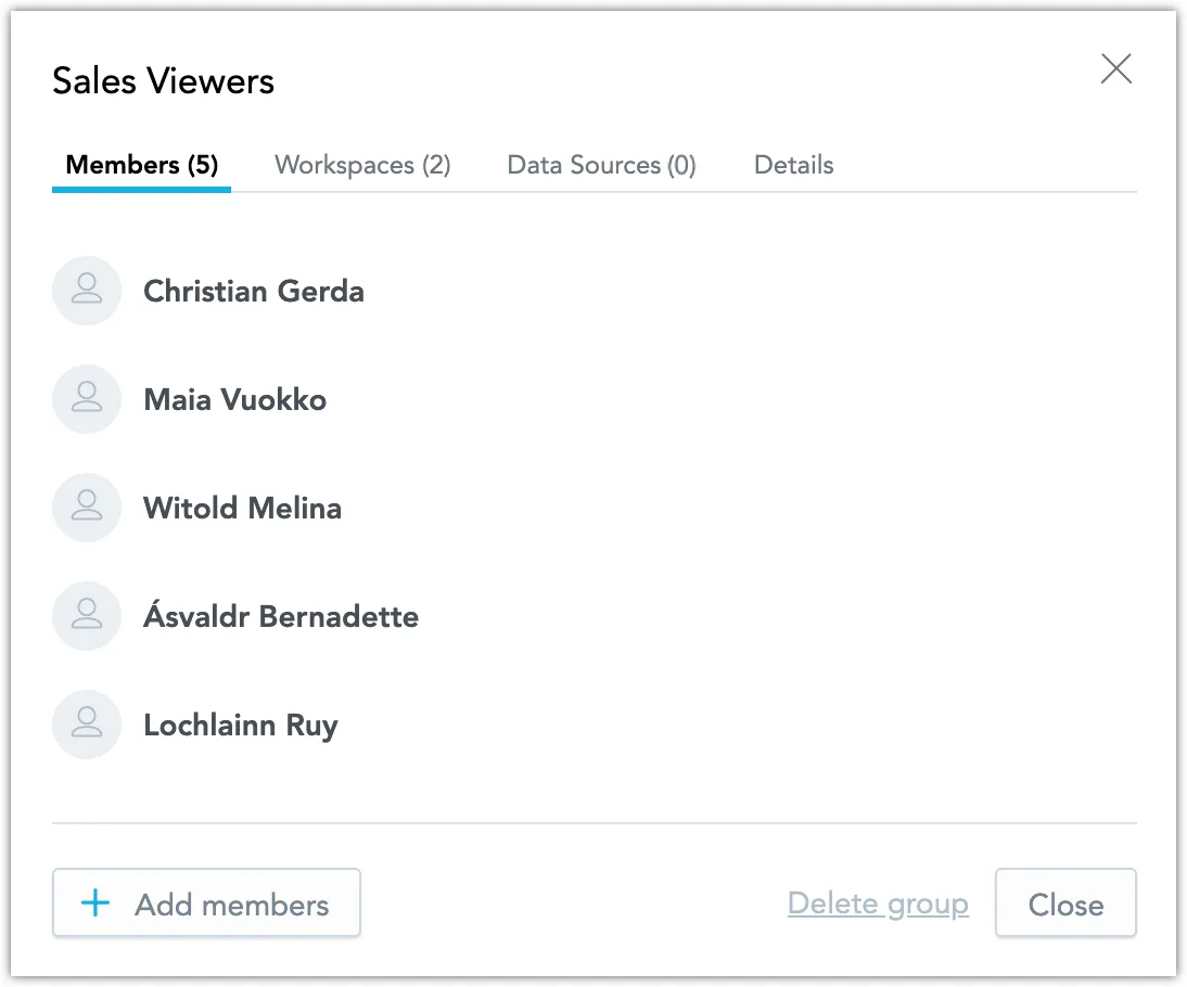 Group settings dialog with the Members tab selected and the added members listed below.