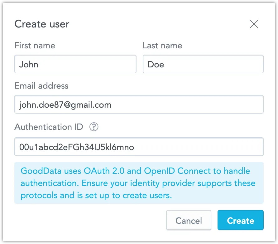 Add user dialog with fields for first name, last name, email, and authentication ID. Cancel and Add buttons are in the bottom-right corner.
