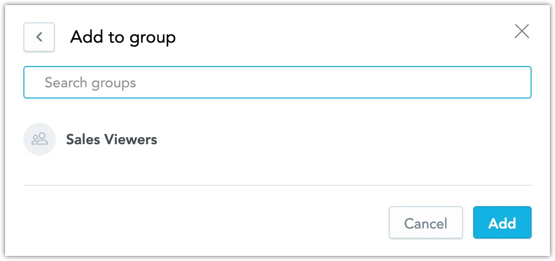 Add to group dialog with a search bar and relevant groups listed below it. The Add and Cancel buttons are in the bottom-right corner.