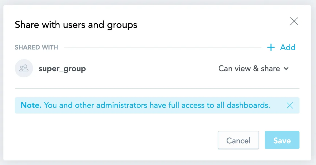 The Share with users and groups dialog showing the list of users and groups that the object is shared with. The level of their permissions is indicated on the right.