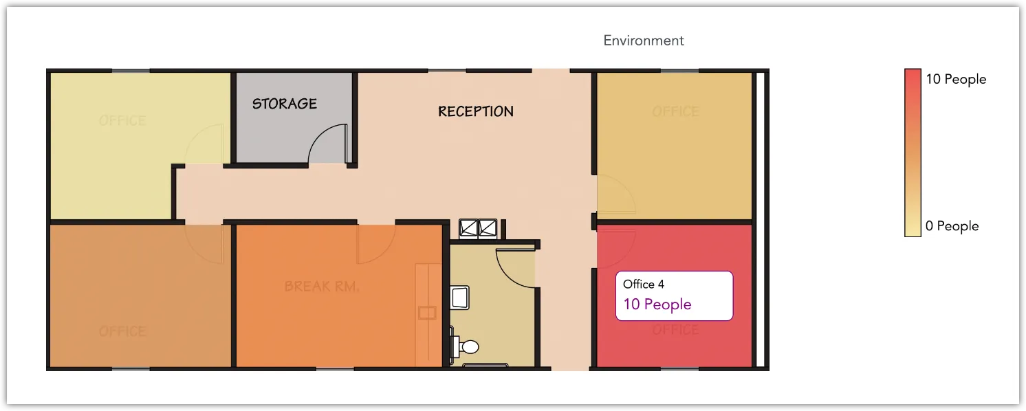 Room utilization plugin displaying an office floor plan with labeled rooms and a heatmap color scale indicating number of people per room.
