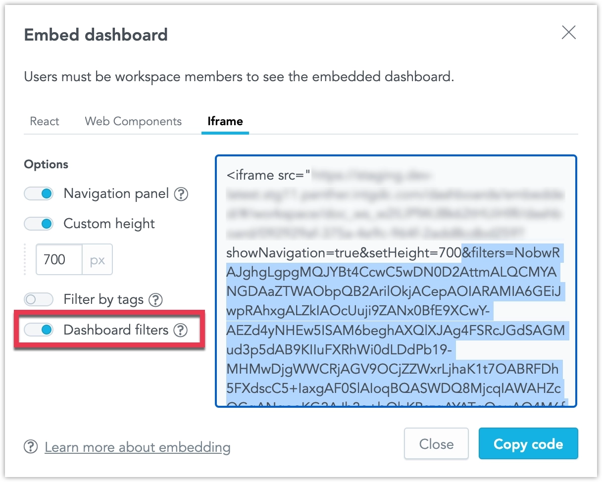 Screenshot of the iframe embedding dialog on a dashboard that highlights a newly added Dashboard filters toggle option.