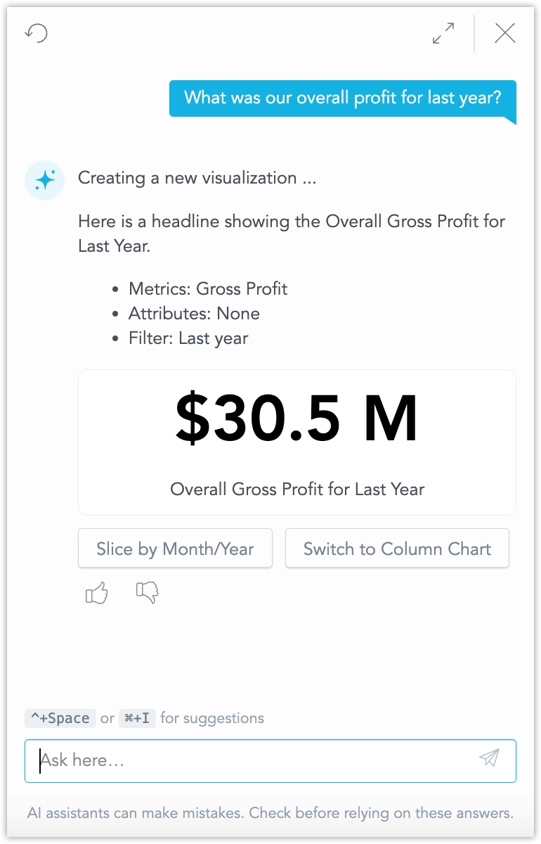 Screenshot of the AI assistant with a query 'What was our overall profit for last year?' and a response showing a heaadline visualization showing the profit for the year.