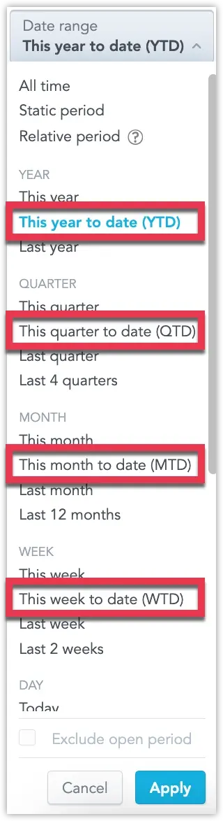 The Analytical Designer showing all the available values for a date filter, with the newly added options highlighted.