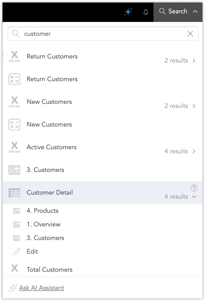 Sample results of an AI search showing how results our grouped together, as well as an 'Ask AI Assistant' button at the bottom.