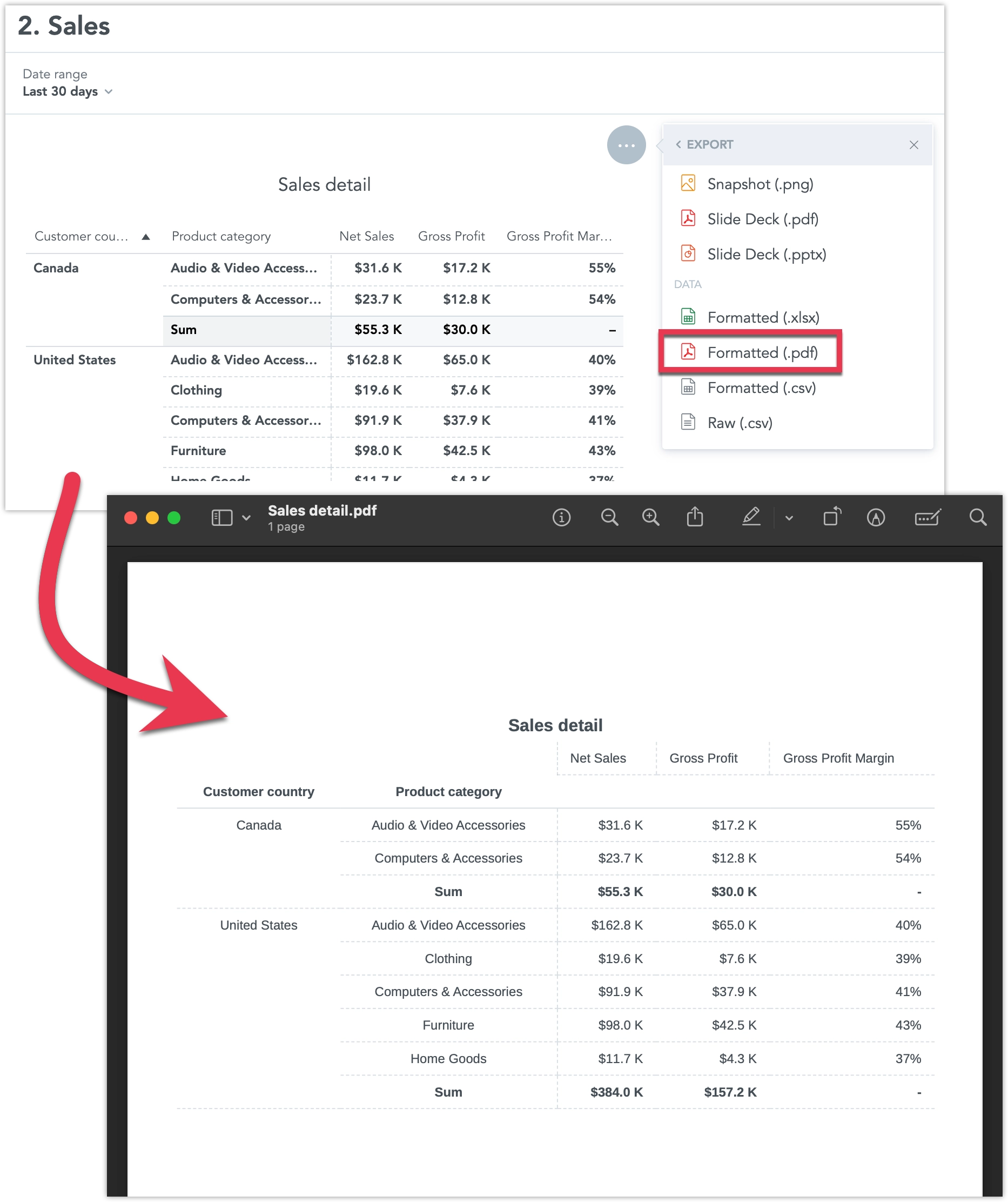 Screenshots of the export flow from a table embedded into dashboard.
