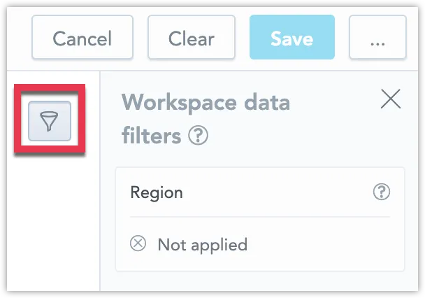 Logical data model with the Filter icon below the top toolbar. Clicking it opens the filter panel. In this example, Region is listed and marked as not applied.