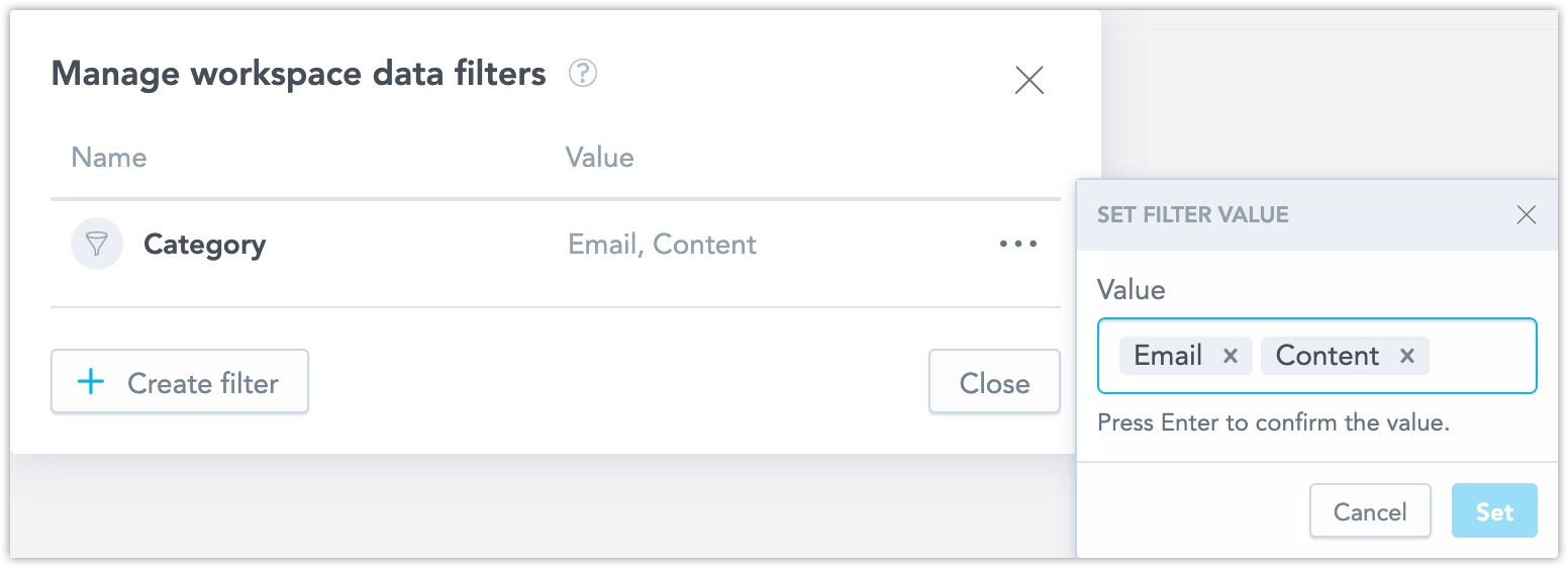 Manage workspace data filters dialog with a filter named Category and assigned values Email and Content.
