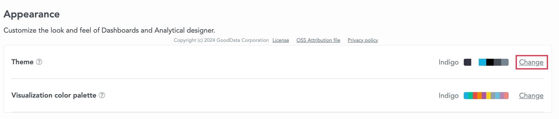 Appearance section in the Settings tab of a workspace showing the Theme setting with the currently selected theme. The Change button is located to the right of the theme name.