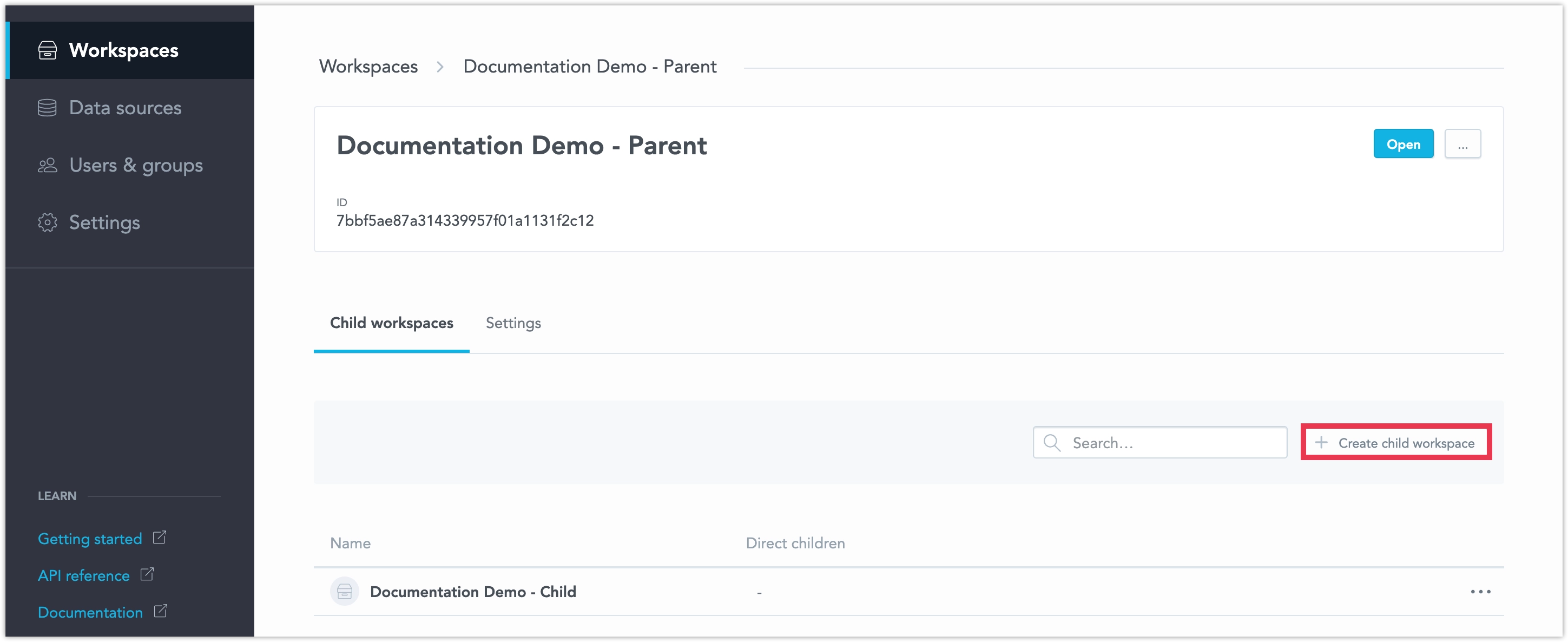 A workspace with the Child Workspaces tab selected. There, the Create Child Workspace button is visible next to the Search field.
