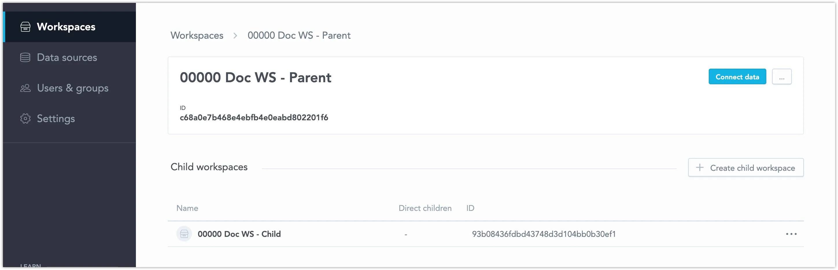 Details view of the workspace 00000 Doc WS – Parent, showing one child workspace listed below. A button labeled Create child workspace appears on the right.