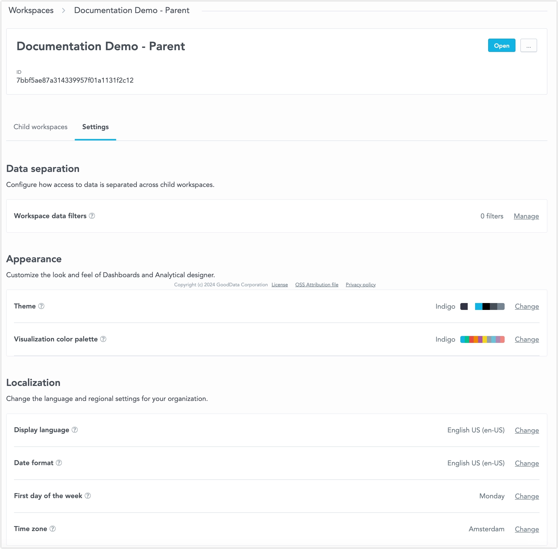 A workspace with the Settings tab selected. There, sections for data separation, appearance, and localization are visible.